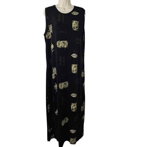 Es Se Stretch Nylon Knit Black Maxi Dress Plus 1XL Gold Foral Print Slveless 90s - Picture 1 of 11